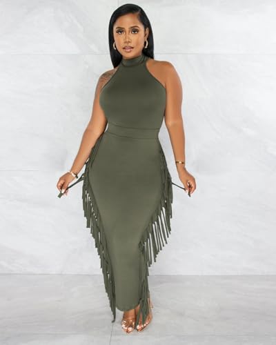 Image of 2 Piece Outfits for Women Sexy Halter Neck Sleeveless Crop Tops Ruched Bodycon Dresses Jumpsuits Fringe Skirt Sets