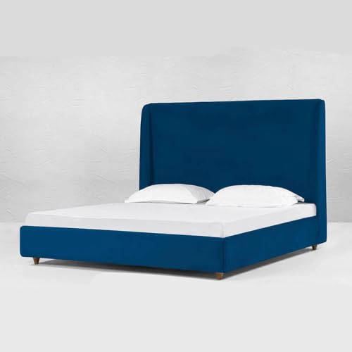 Image of Wooden Modern Upholstered Queen Size Bed for Bedroom | Wooden Double Bed Without Storage | Platform Cot Upholstered Bed with Upholstery Fabric | Engineered Wood | 6.5 x 5 Ft | Blue