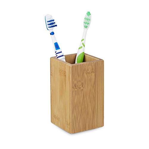 Relaxdays Portacepillos Dientes, Cuadrado, Diseño Natural, Vaso Baño, Bambú Revestimiento PU, 11 x 6,5 x 6,5 cm, Natural