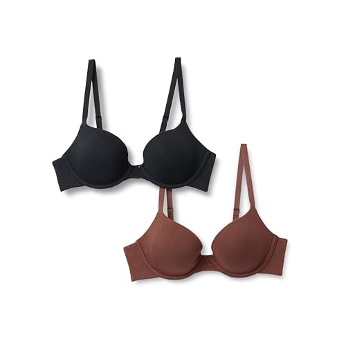 Amazon Essentials Womens Padded Underwire Plunge Bra Soft Cotton Jersey Pack of 2 Black / Rich Hazel 38A