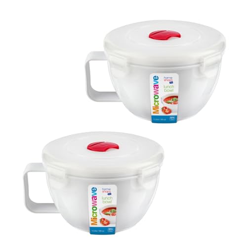 HOMESHOPA 2 Pack of 1 Litre Microwave Ramen Noodle Bowl with Handle & Steam Vent Lid, BPA-Free Plastic Porridge Cooker Pot, Portable Salad & Soup Mug for College, Home, Office, Dishwasher Safe