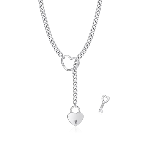 Heart O-ring Slip Chain Necklace For Women Rock Cuban Adjustable Lariat Y-Necklace Stainless Steel Heart Locker With Key Jewelry