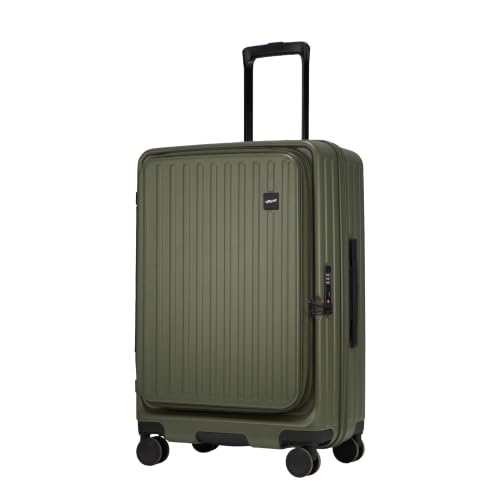 F Gear Montreal Medium 65cm German Polycarbonate Hard Luggage|8 Japanese Hinomoto Silent Wheels|Expandable Check-in Front Opening Suitcase for Travel|Anti-Theft Zipper, TSA 007 Lock| (Army Green)