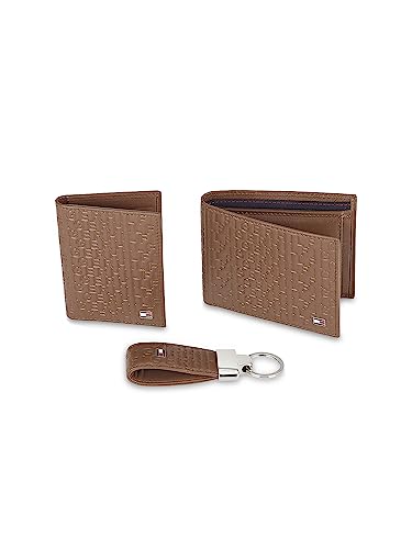 Image of Tommy Hilfiger Leather Brian Men Wallet + Card Case + Key Fob Gift Set for Men - Free Size, Brown