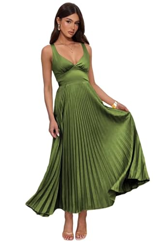Women's Pleated Satin Bridesmaid Dresses for Wedding Guest V-Neck Pleates Long Formal Evening Dress