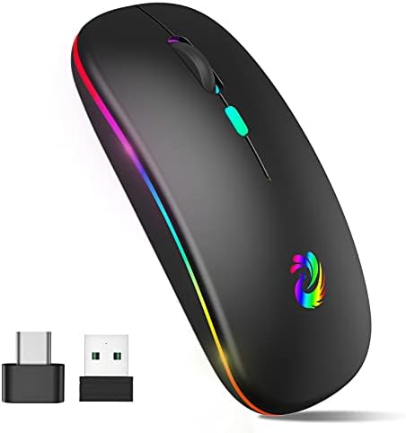 aMZCaSE LED Wireless Mouse, Rechargeable Slim Silent Mice 2.4G Portable Office Optical Mouse with USB Receiver and Type-C Adapter, 3 Adjustable DPI for Laptop, Computer, PC, Notebook, Desktop (Black)