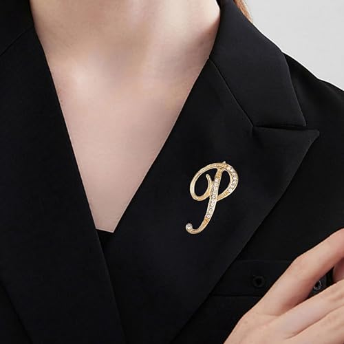 Image of Rhinestone Initial Brooch Pin for Women, Alphabet Gold Letter Brooch A-Z with Crystal, Metal Pin for Hat Bag Dress Suit Accessory for Men