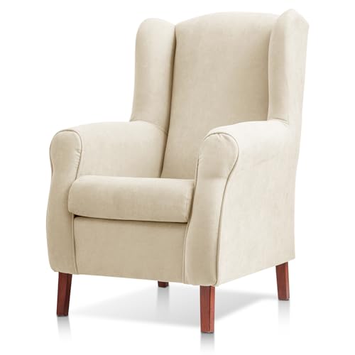 Sillon orejero Carla tapizado en Tela Antimanchas Color Beige (104 x 77 x 75 cm). Butaca de Salon o Dormitorio, para Leer, Ver la TV o para Lactancia