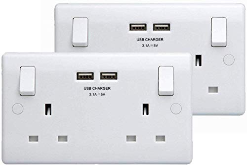 BG Electrical 822U3 Double Socket with 2 X 3.1Amp USB Sockets-30 Year Warranty-2 Pack, White, 4 x 18 x 9.6 cm