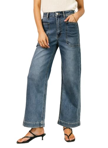 EVALESS Baggy Jeans for Women Trendy High Waisted Stretchy Wide Leg Denim Pants Prussian Blue Size 4