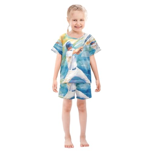 ALAZA Baseball Player Watercolor Pajamas Set Short Sleeve Cotton Sleepwear Summer Pjs 2 Piece 5-14Y3