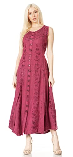 Image of Sakkas Maya Floral Embroidered Sleeveless Button Up Rayon Dress