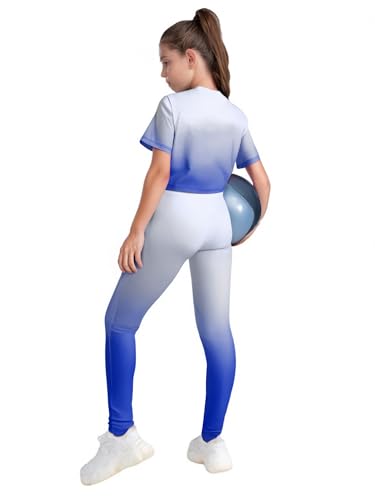 YiZYiF Kids Girls Gradient Sports Dance Outfit Shortsleeve Cropped Tshirt Vest And Leggings Set4