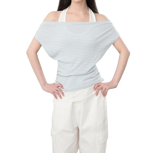 GUTEDFPO Women's Summer Off-Shoulder Striped Half-Sleeved Tops Y2K Halter Fake