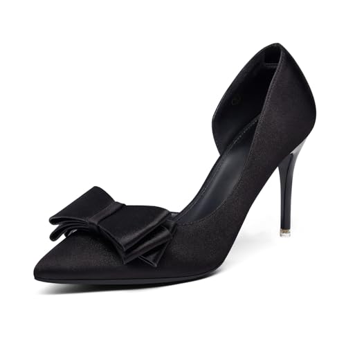 Image of Womens Bow Heels Closed Pointed Toe Dress Shoes Stiletto Slip on Wedding Pumps