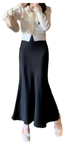 Women's Satin Silk A-Line Long Skirt High Waist Solid Fishtail Skirt