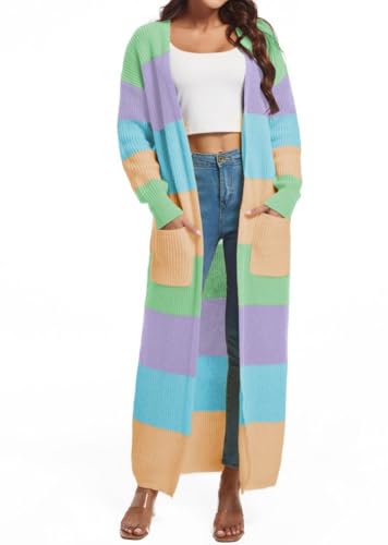 Image of Nimsruc Long Cardigan Sweaters for Women Patchwork Open Front Knit Sweater
