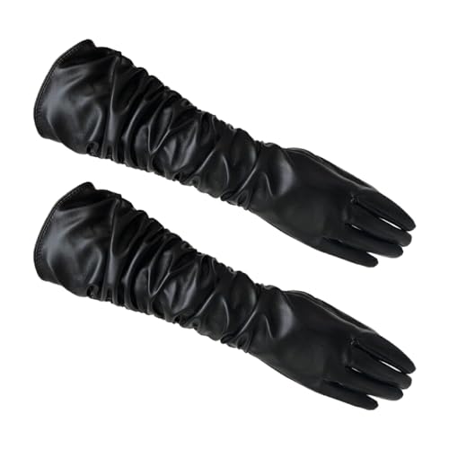 WUUISDNX Lange PU Lederhandschuhe für Damen, einfach zu kombinieren, modisch und elegant, breite Anwendung, lange Damen PU Lederhandschuhe, schwarze Falten, S