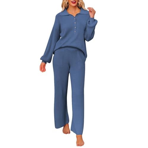 Pink Queen Women's 2 Piece Outfit Sweater Set Long Sleeve Button Knit Pullover Top Wide Leg Pants Pocket Sweatsuit Dark Blue Large