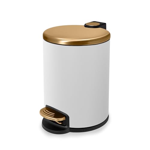 Image of ACENTO Step Bin, 1.3 Gallon / 5 Liter Round Trash Can, Soft-Close Lid with Removable Inner Bucket & Steel Pedal, Freestanding Bathroom Waste Bin, Matte White and Gold