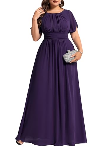 Image of Ever-Pretty Plus Elegant Formal Dresses for Curvy Women Round Neck Short Sleeves Chiffon Bridesmaid Mother of The Bride Dress