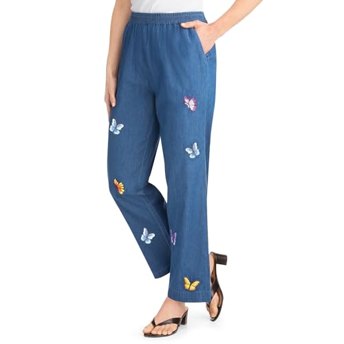 Collections Etc Embroidered Butterfly Applique Pull-On Pocket Pants with Elasticized Waist