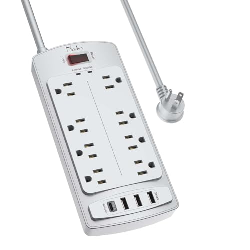 Image of Surge Protector Power Strip - Nuetsa Flat Plug Extension Cord with 8 Outlets and 4 USB Ports, 6 Feet Power Cord, 2700 Joules, ETL Listed, Grey