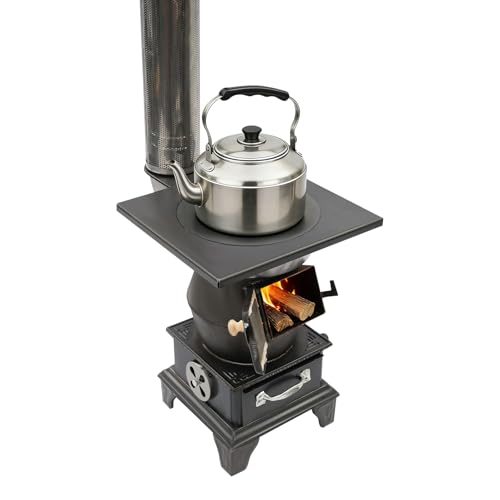 Estufa de madera con tubo de 29 x 29 x 53,5 cm, estufa de leña portátil, pequeña estufa de camping con superficie de cocción, estufa de camping, estufa de taller, tienda de campaña, estufa de camping