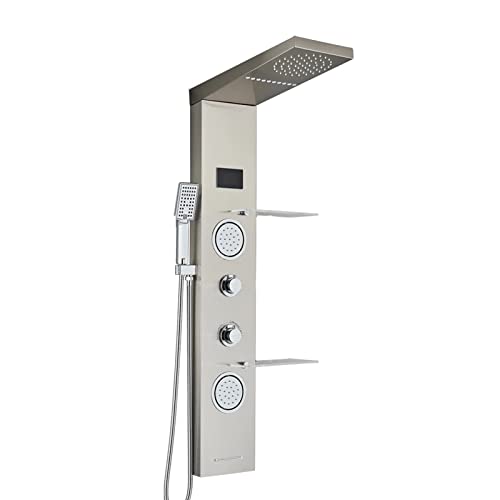 Columna de Ducha LED con Panel de Chorro de Cascada, Sistema de Masaje Corporal y Estantería Integrada, Montaje en Pared, Acero Inoxidable con Acabado Mate miniatura 1