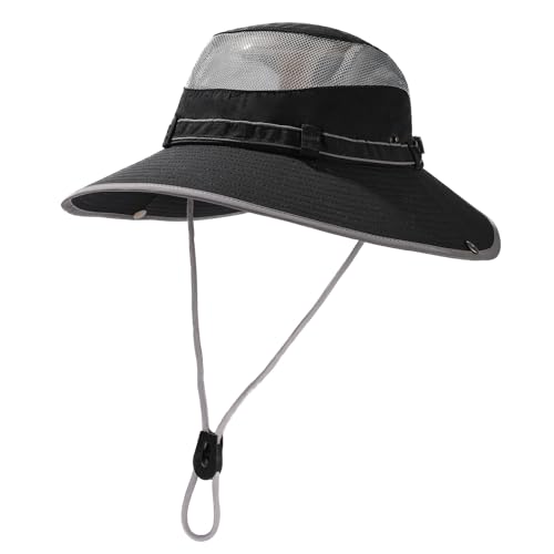 Huakunda Mens Wide Brim Sun Hat Mesh UV Protection Safari Hats Foldable Boonie Hat FishingHat for Hiking Camping Garden (US, Alpha, One Size, Black)