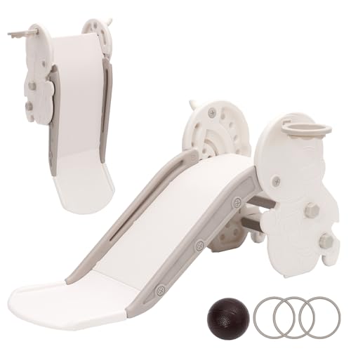 Rutsche für Kinder, Faltbar Kinderrutsche Klein mit Basketballkorb, Ringe, Stabile Gartenrutsche, Baby Slide, Rutschenlänge 105 cm