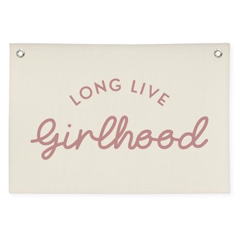 Image of Girls Room Decor Long Live Girlhood Linen Banner Hanging Flag Retro Banner for Nursery Playroom Wall Decor for Kids Bedroom Decorations,Baby shower gifts 30x20 In (Pink Letter)