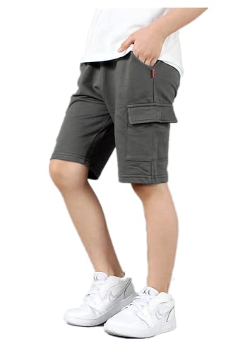 JXGSGOGO Boys Cotton Sport Shorts Drawstring Soft Jersey Athletic Shorts Unisex Height 150-160cm Dark Grey
