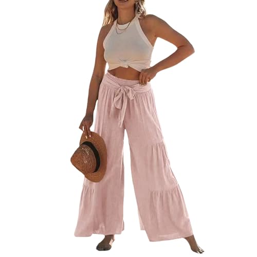 Womens Cotton Linen Wide Leg Flare Pants Fashion Belted High Waisted Layered Smocked Ruffled Solid Lounge Trousers