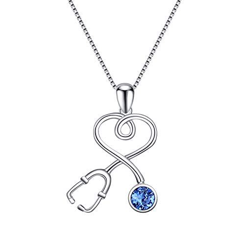 AOBOCO Stethoscope Necklace 925 Sterling Silver Embellished with 12 Months Birthstone Crystals from Austria, Graduation Gifts Medical Jewelry for Doctor Nurse Medical Student RN
