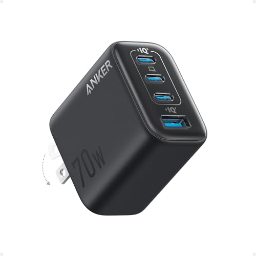 Anker 70W Cargador Tipo C 4 Puertos, Cargador Rápido 3C1A, Puerto USB-C Único Compatible con MacBook Air, Doble Puerto para Teléfono/Portátil, Compatible con iPhone 17/16, Galaxy S25/S24