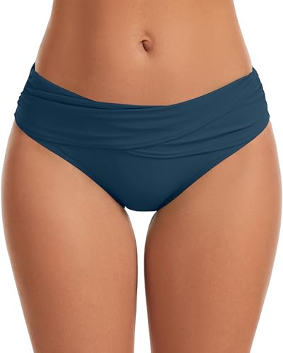 Vogueric Womens Swimsuit Bikini Bottoms Full Coverage Ruched Bathing Suit Bottom Navy Blue Medium