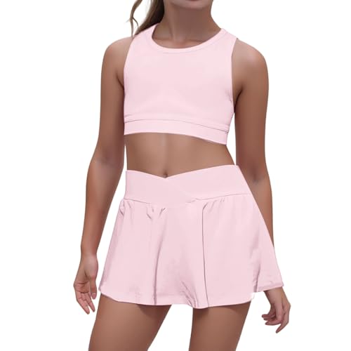 Kids Tennis Dress,Toddler Girl Athletic Dress Cheer Skirts Graduation Outfits 2 Piece Workout Outfits Crop Tank Tops And Skort Skirt Set Light Pink Small