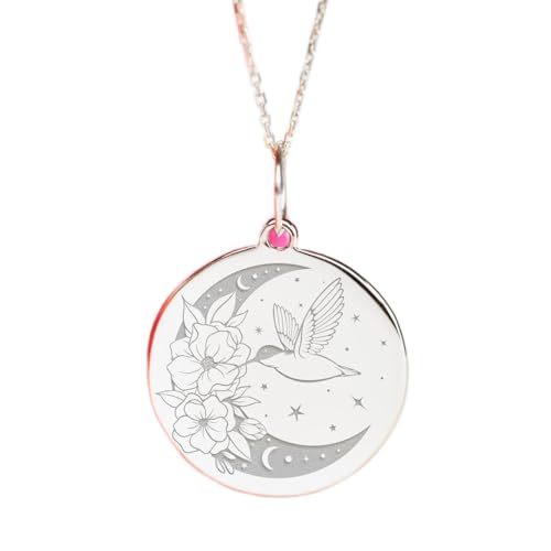 Collier lune et oiseau en argent 925 gravé avec chaîne de 45cm