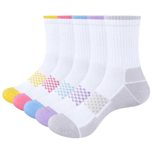 Image of YUEDGE Womens Socks Moisture Wicking Cushioned Crew Socks For Women, Performance Gym Tennis Training Athletic Socks, 5 Pairs