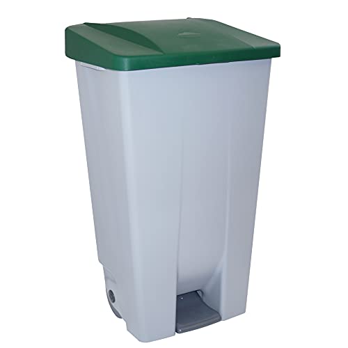 Contenedor de Reciclaje con Pedal 120L Gris con Tapa Verde – Cubo de Basura Selectivo con Ruedas y Asa Ergonómica, Plástico Resistente y Fácil Limpieza | Denox