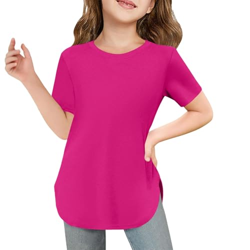 Teens Girls Summer Short Sleeve Shirt Kids Crewneck Curve Hem Soft Tunic Tops Little Girl Basic Loose Fit Athletic T-Shirts