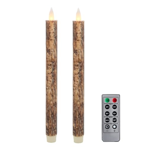 Image of Flameless Taper Candles Flickering with Remote and Timer, 3D Moving Flame Taper Candle Battery Operated to 400 Hours, 9 Inch Window Candles, (Bark)