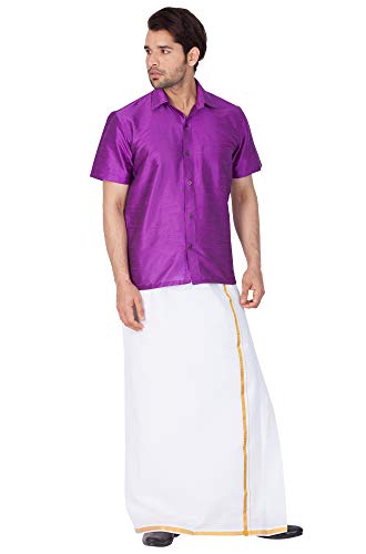 VASTRAMAY Men's Silk Blend Ethnic Shirt - Half Sleeves, South Indian Traditional Shirt for Weddings, Festivals, & Casual Wear