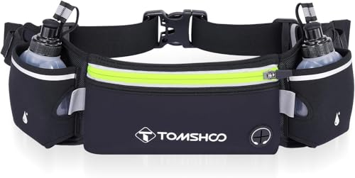 TOMSHOO Running Waist Bag, Running Belt with Water Bottles(2 x 200ML), Hydration Belt Waterproof Waist Pack Bag, Adjustable Sports Waist Pouch for Marathon Running Hiking Cycling
