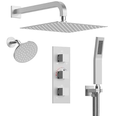 GRANDJOY Dual Rainfall Shower head System, 12" Wall Mount Bathroom Shower Faucet with Handheld Sprayer, Brushed Nickel