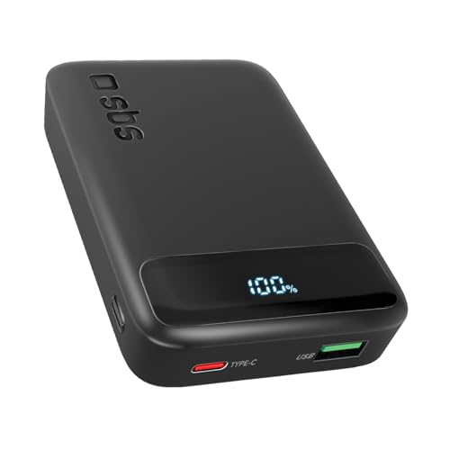 SBS Compact PowerBank, 10000mAh, 20W Power Delivery (PD 3.0 PPS), AFC, Power Bank con Ricarica Rapida, Display LCD, USB-C, USB-A, Caricabatterie Portatile da Viaggio, Design Compatto, Nero