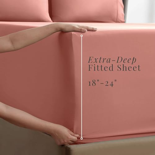 Image of Hearth & Harbor Extra Deep Pocket Sheets - Fits Mattress 18-24 Inches Deep - Extra Deep Pocket Twin Sheets Sets - 4 Piece Twin Size - Misty Rose