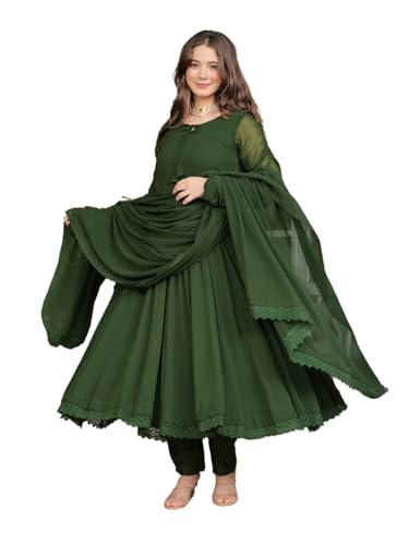 Image of Olive Green Flared Anarkali Dress with Lace Detailing Suit Set