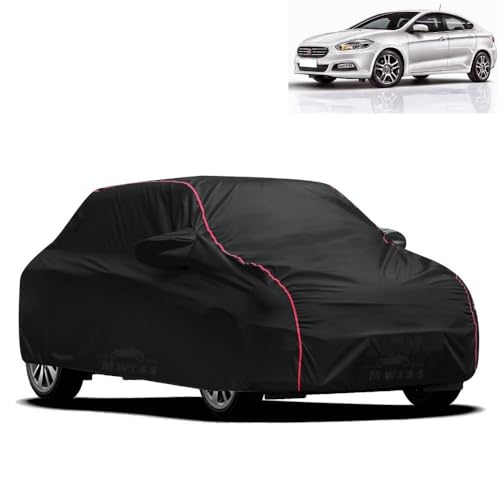 Image of Waterproof Car Cover for Fiat Viaggio | All-Weather Protection, Dustproof & UV Resistant | Triple Stitched Mirror Pockets, Windproof Buckle Strap with Elastic Hem, Black-Red Piping
